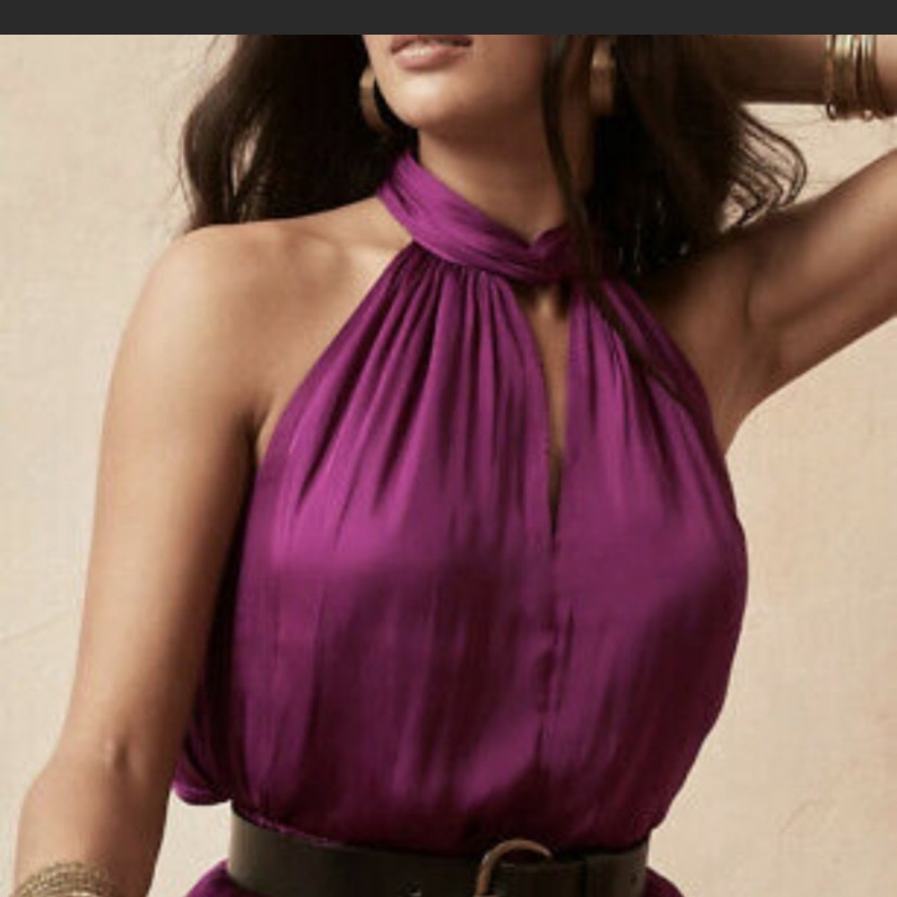 NWOT Banana Republic Dark Raspberry Satin Twist Neck Blouse Size M